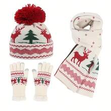 3pcs/Set Winter Warm Thermal Lined Knit Hat Scarf Gloves Set With Reindeer Pattern, Suitable For Christmas Season - White Three-piece Suit - View 2