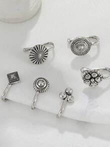 6入組新款時尚創意無穿孔向日葵、幾何形狀u型鼻夾珠寶,男女適用的日常配飾 - 復古銀色 - 查看 3