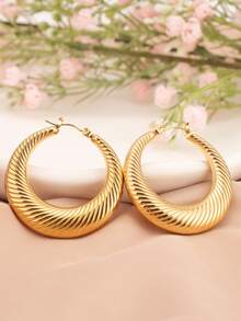 一对金色螺旋图案不锈钢吊坠圆角耳环，复古欧式风格，女士时尚个性耳环，日常佩戴饰品 - 金黃色 - 查看 1