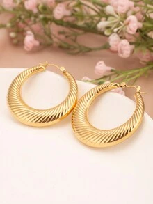 一对金色螺旋图案不锈钢吊坠圆角耳环，复古欧式风格，女士时尚个性耳环，日常佩戴饰品 - 金黃色 - 查看 4