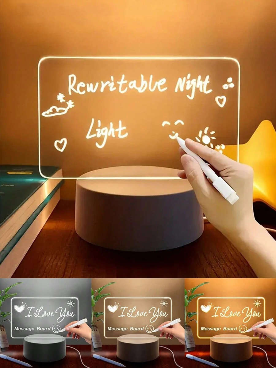 1 件 3d 壓克力面板夜燈帶開關,3 色 Led 桌面裝飾燈,帶筆手寫留言板,傾斜功能和手寫照明功能 - 無色 - 查看 1