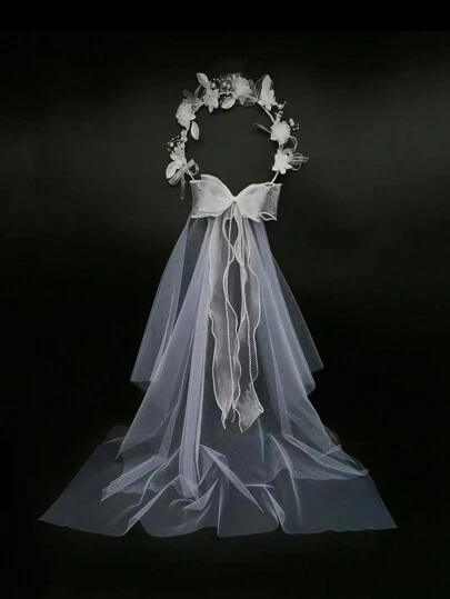 1件装双层蝴蝶结花冠，带面纱，饰有扭曲仿珍珠和蝴蝶结流苏，女士款 - 高端森系公主风头饰，完美适用于婚礼/写真/派对装扮。情人节配饰