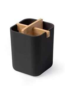 1pc Wooden Square Degradable Vertical 4-Compartment Toothbrush Holder, Modern Minimalist Style Detachable, Easy To Clean Storage Box For Bathroom, Bedroom, Living Room, Kitchen, Tea Room, Cafe, Dessert Shop, Back Kitchen - Black - View 2