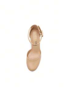 Women Heel Closed Toe Chunky High Heel Ankle Strap Wedding Party Comfortable Prom Pumps Shoes - Beige - View 7