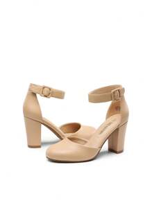 Women Heel Closed Toe Chunky High Heel Ankle Strap Wedding Party Comfortable Prom Pumps Shoes - Beige - View 6