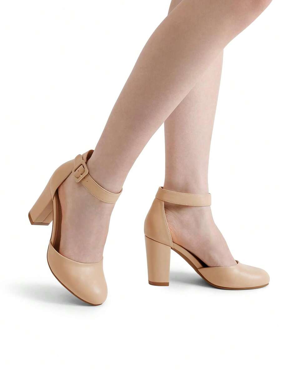 Women Heel Closed Toe Chunky High Heel Ankle Strap Wedding Party Comfortable Prom Pumps Shoes - Beige - View 1