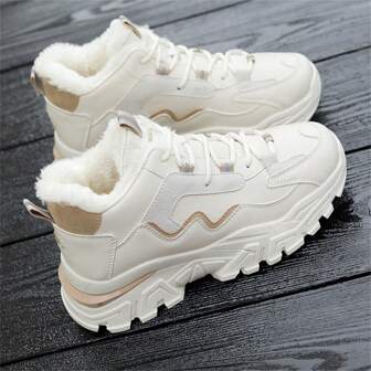 Vintersnöskor för kvinnor, sportlöparskor med tjocka sulor, varmt foder, vita sneakers med hög topp för utomhusbruk