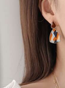 時尚拼色豹紋紅色耳釘,女性秋冬季獨特設計耳環 - 棕色 - 查看 1