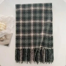 1入女士多色格紋流蘇長款冬季保暖圍巾,適用於戶外活動和日常使用 - 深灰色 - 查看 5
