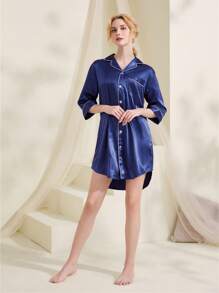 女士撞色镶边领口纽扣前口袋睡袍 - 藏蓝色 - 查看 8