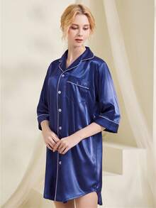 女士撞色镶边领口纽扣前口袋睡袍 - 藏蓝色 - 查看 5