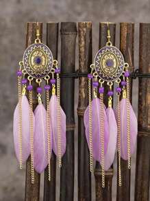 1 對女士復古長羽毛和油滴吊墜耳環,適合旅行和攝影 - 復古風 - 查看 4