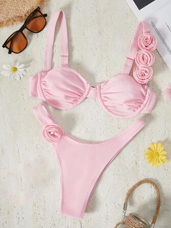 Bikinx Bikini con aros de unicolor con flores tridimensionales sexy dividido para playa y vacaciones de verano
