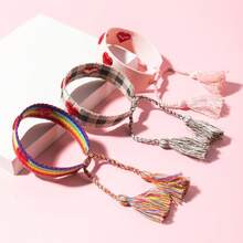 1條戀人手織心形手環,可調節流蘇繩腕帶,魅力情侶珠寶禮物 - 卡其色 - 查看 4