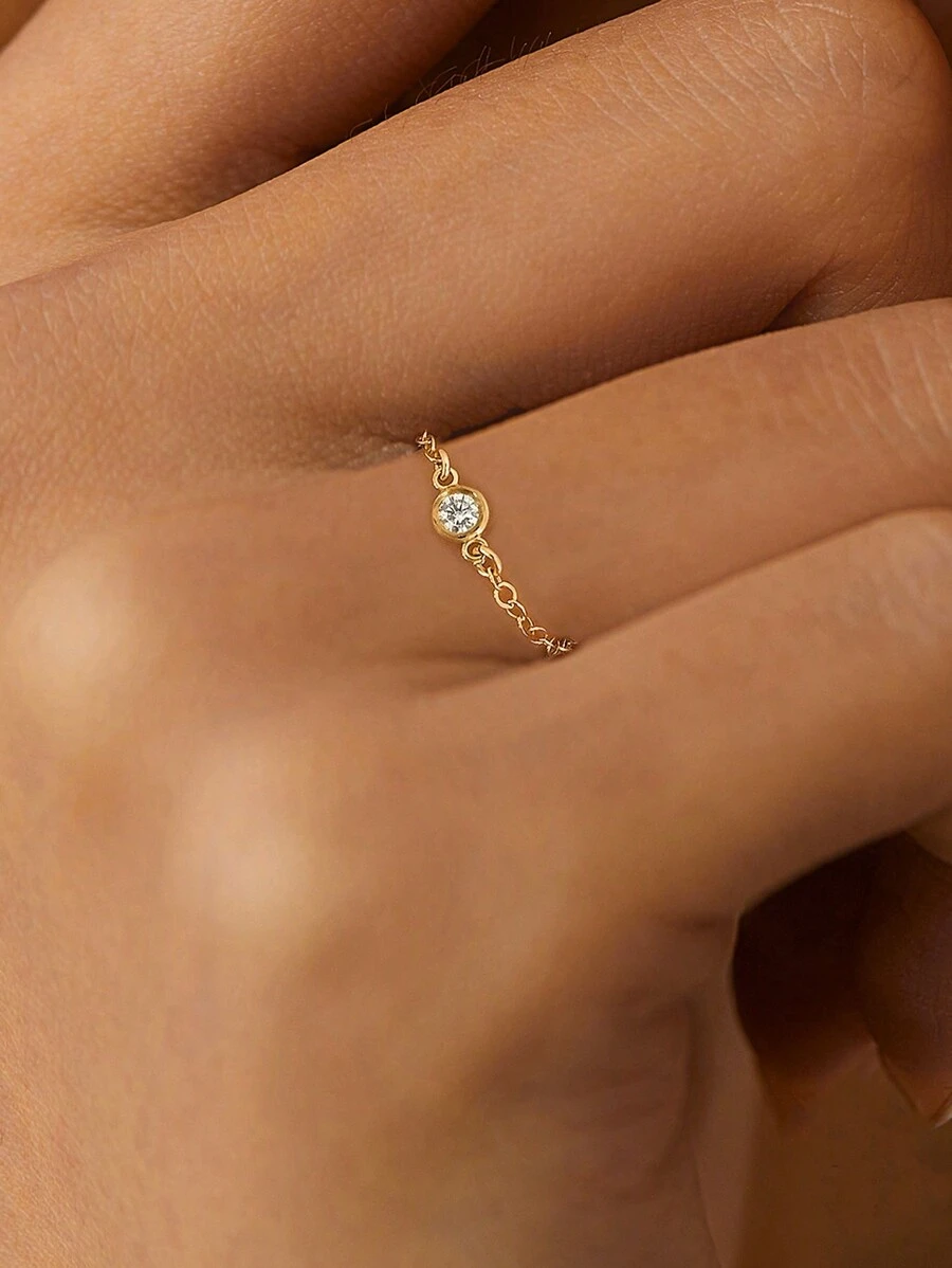 SYMFNY 1pc Exquisite Cubic Zirconia Decor Chain Design Sterling Silver Ring For Women For Daily Decoration - Yellow Gold - View 1