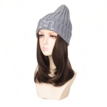 18吋長女帽假髮冬季帽子假髮灰色針織帽子冷棕色直髮及肩假髮 - Light Brown - 查看 4
