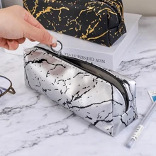 1pc Minimalist Pu Material Marble Pattern Pencil Case - Black - View 4