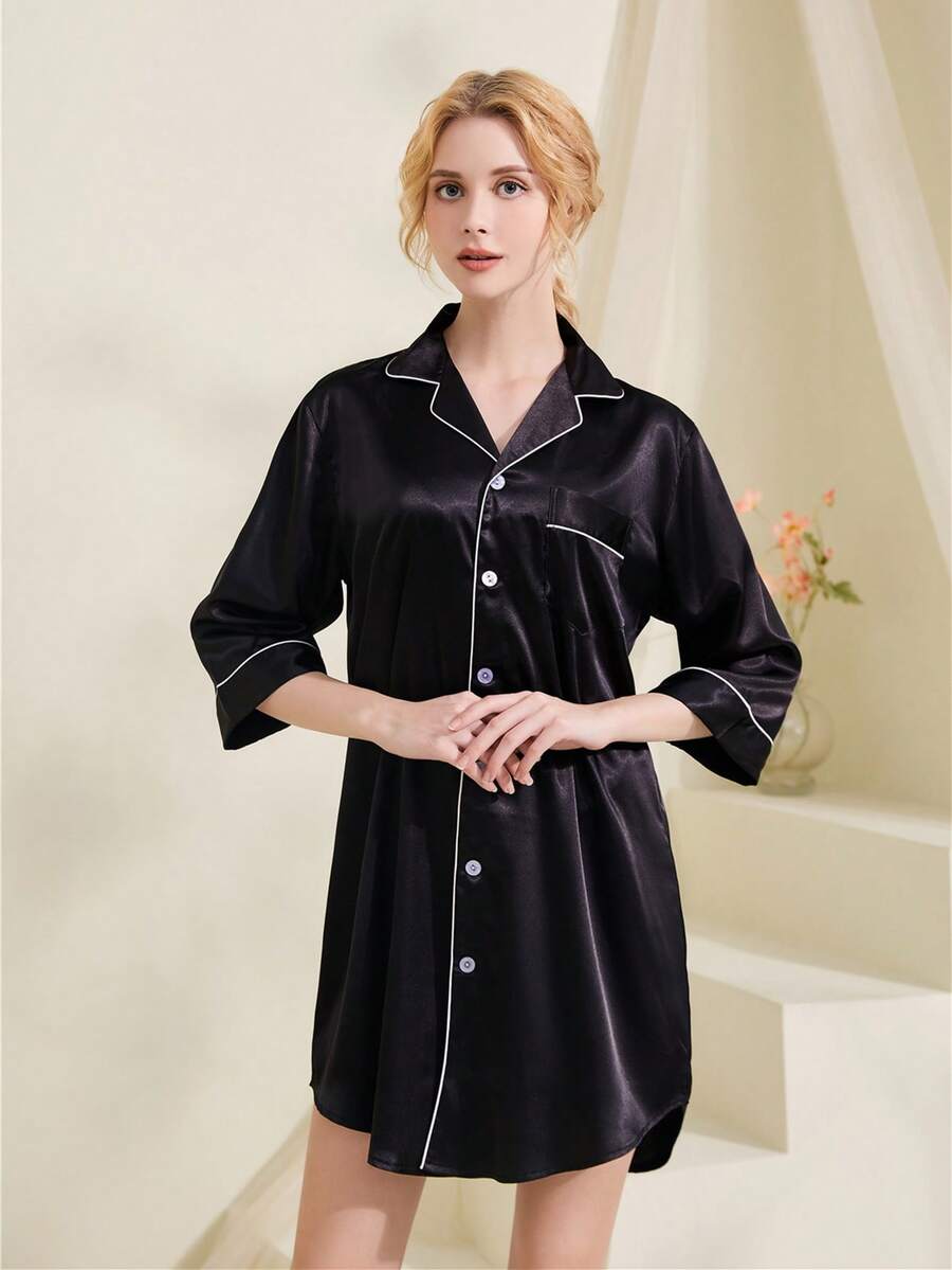 1 件 7/8 袖翻领睡衣、伴娘睡袍 - 黑色 - 查看 1