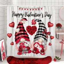 1入組/個侏儒心形玫瑰木板紅色情人節沖涼窗簾,情人節浪漫可愛沖涼窗簾,180*180厘米/72"*72"防水沖涼窗簾與12個掛鉤,適用於浴室/浴缸裝飾,作為禮物 - 紅色 - 查看 2