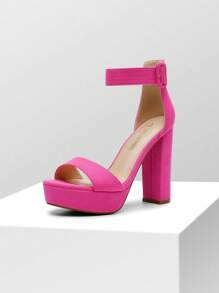 Women High Heel Chunky Block Platform Heels Buckle Decor Ankle Strap Open Toe Chunky Heeled Sandals, Perfect For Autumn Party, Wedding, Prom Night - Hot Pink - View 7