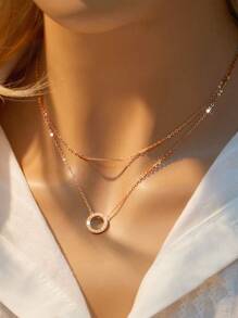 SYMFNY 925 Sterling Silver Rose Golden Color Round Open Circle Cubic Zirconia with Long Stick Bar Layered Necklace 1 pc