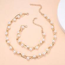 Simple Style Pearl Necklace And Bracelet Set - Gold - View 5