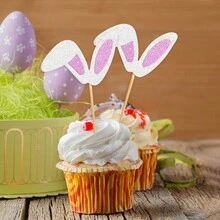 12pcs Easter Purple Bunny Ears Cupcake Topper Easter Rabbit Cake Decoration Kids Birthday Party Cake Dessert Decorations - Purple - View 4