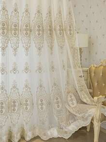 1pc Beige Bead Decor Semi-Sheer Curtain, Embroidered Voile, Sheer Drape, Suitable For Living Room, Bedroom, European Style Romantic Window, Home Decor - Beige - View 8