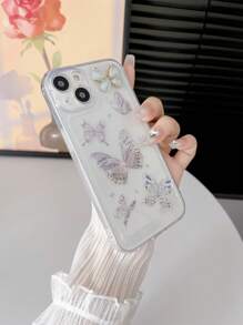 1pc 3d Resin Accessory Butterfly Design Clear Phone Case With Straight Edges, Anti-Drop And Anti-Slip, Compatible With Samsung Iphone Redmi - Multicolor - View 1