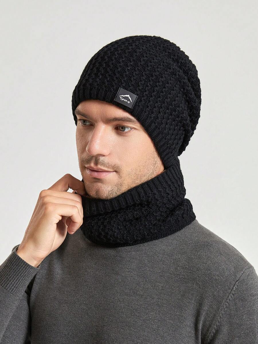 Men's Beanie Hat & Scarf Set, Winter Warm Knit Cap & Neck Warmer With Thermal Lined And Wavy Label Pattern - Navy Blue - View 1