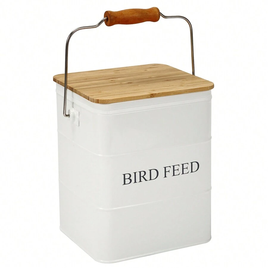 Bird Seed Storage Can, Metal Pet Food Container With Lid & Spoon, Airtight Bird Seed Jar In White - White - View 1