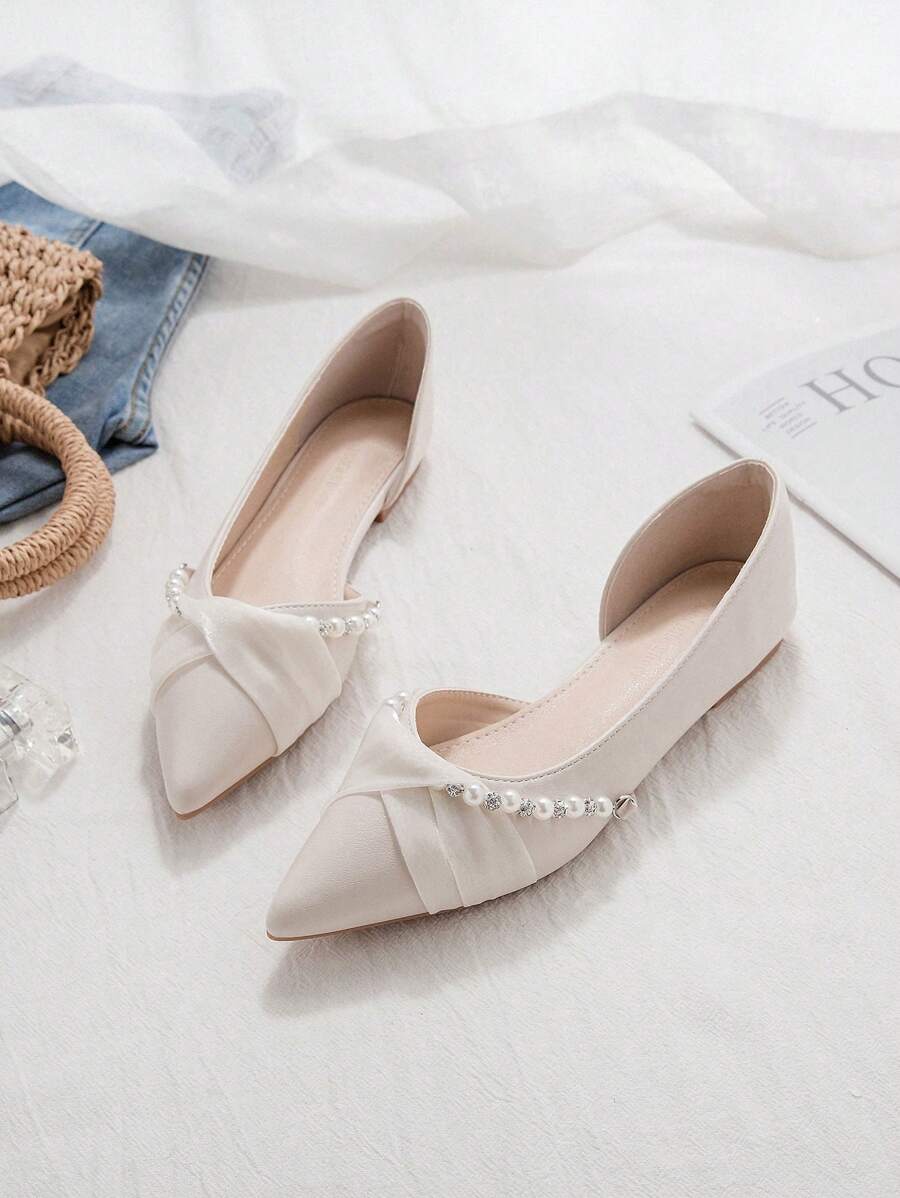 2025 Spring New Versatile Shallow Opening Soft Bottom Pointed Toe Flat Side Open Fairy Lady Gentle Style Matching Dress Slip-On Flats With Pearl Decor, Fashion Outdoor Mules All Season Shoes For Women - Apricot - View 1