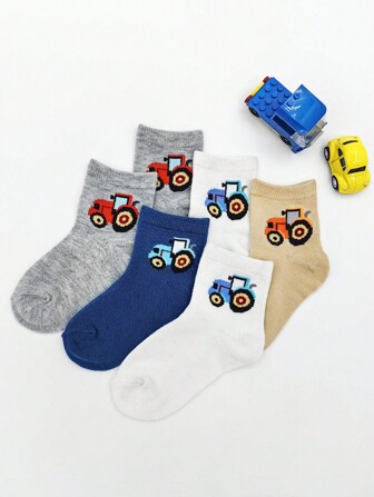 6pairs Boys' Cartoon Tractor Pattern Cute Breathable Comfort Round Socks, Fashionable Socks For Children Aged 1-6