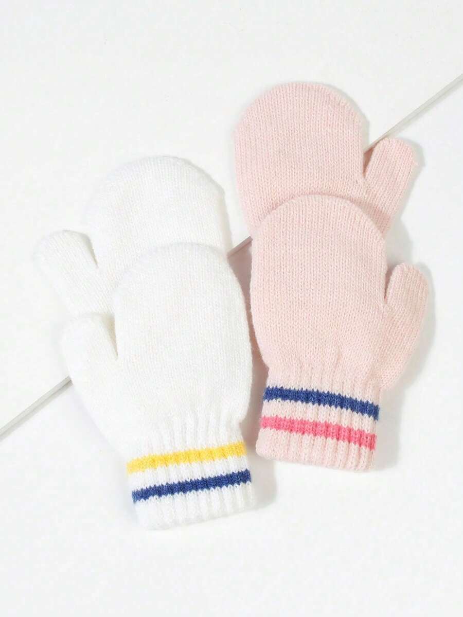 2對寶寶條紋口袋針織冬暖手套,適合日常使用 - 彩色 - 查看 1
