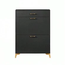 Shoe Cabinet With 2 Flip Drawers & Top Slide Drawer, Modern Slim Narrow Shoe Storage With Metal Legs,Free Standing Shoe Rack Organizer,For Entryway,Bedroom, Apartment - 黑色 - 查看 4