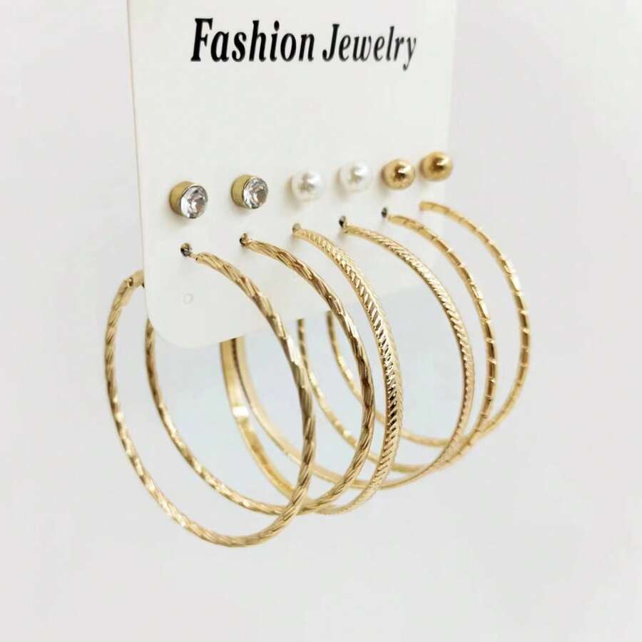 6pairs Geometric Exaggerated Large Circle Earrings Set, Fashionable & Sexy Patterned Circle Earrings - Gold - View 1