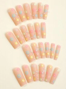 Instantly Upgrade Your Look With 24-Piece Long Square Water Tube Frosted Nail Wear Nail Nail Patch Colorful Flower Decoration Fake Nail Patch - Multicolor - View 3