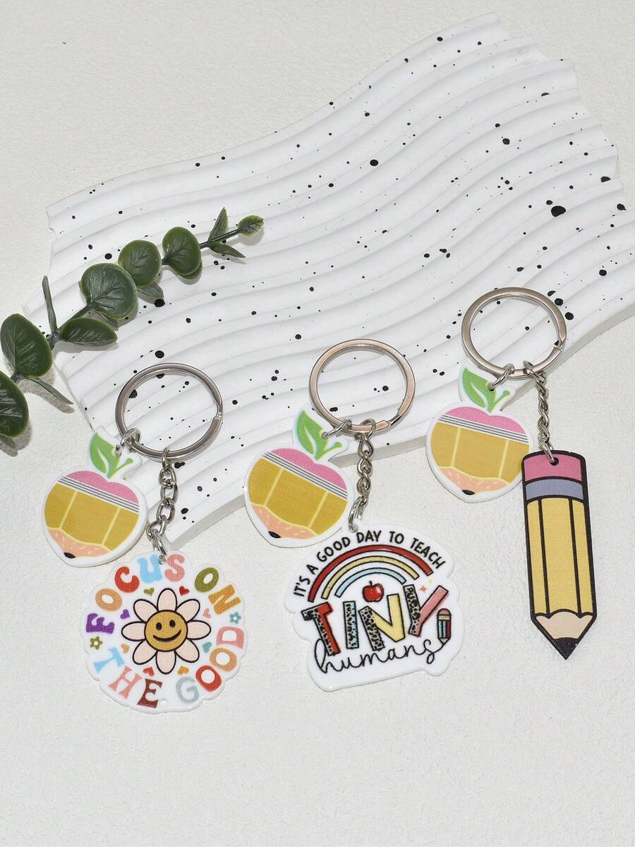 1pc Women's Acrylic Card Peach & Sunflower Keychain, Teacher's Gift - Multicolor - View 1