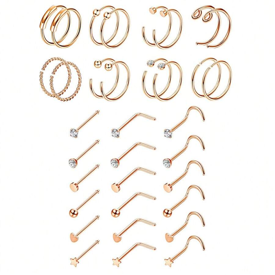 40入組20g 316l不鏽鋼鼻環圈鼻釘穿孔套裝唇/鼻/唇珠寶玫瑰金 - 玫瑰金 - 查看 1