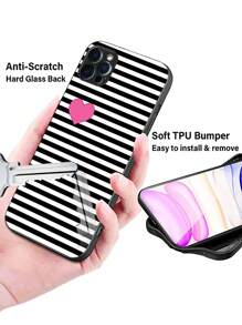 1 件防震防刮玻璃硬壳，带柔软 TPU 保险杠，条纹时尚手机保护套，兼容 //Redmi/OPPO/OnePlus/Infinix，心形黑白条纹 - 彩色 - 查看 2