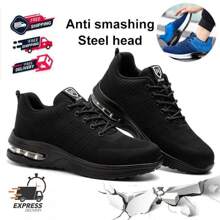 Zapatos de punta de acero para hombres y mujeres, transpirables, ligeros, cómodos, a prueba de deslizamiento, tenis de moda, con amortiguación de aire, zapatos de seguridad industrial - Negro - Ver 4