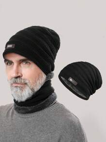 1頂男士加厚針織帽子,金屬標牌和毛絨裡裏,適合秋冬日常穿著 - 黑色 - 查看 1