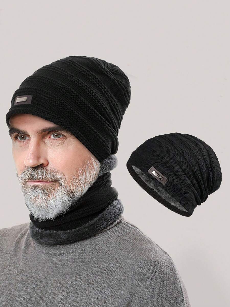 1頂男士加厚針織帽子,金屬標牌和毛絨裡裏,適合秋冬日常穿著 - 黑色 - 查看 1