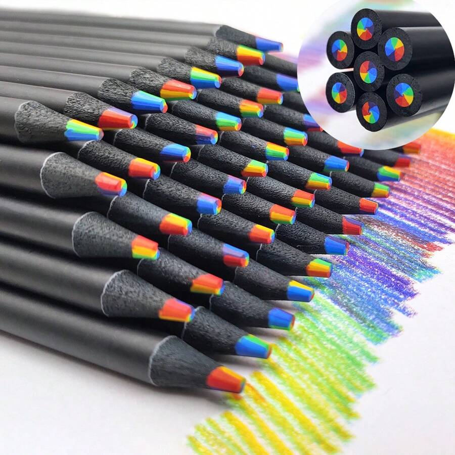 14入組,包括12支帶有7條線的彩虹漸變色鉛筆、1本100頁星空素描本、1個隨機顏色的單孔削鉛筆器,多色創意diy繪畫鉛筆組 - 彩色 - 查看 1