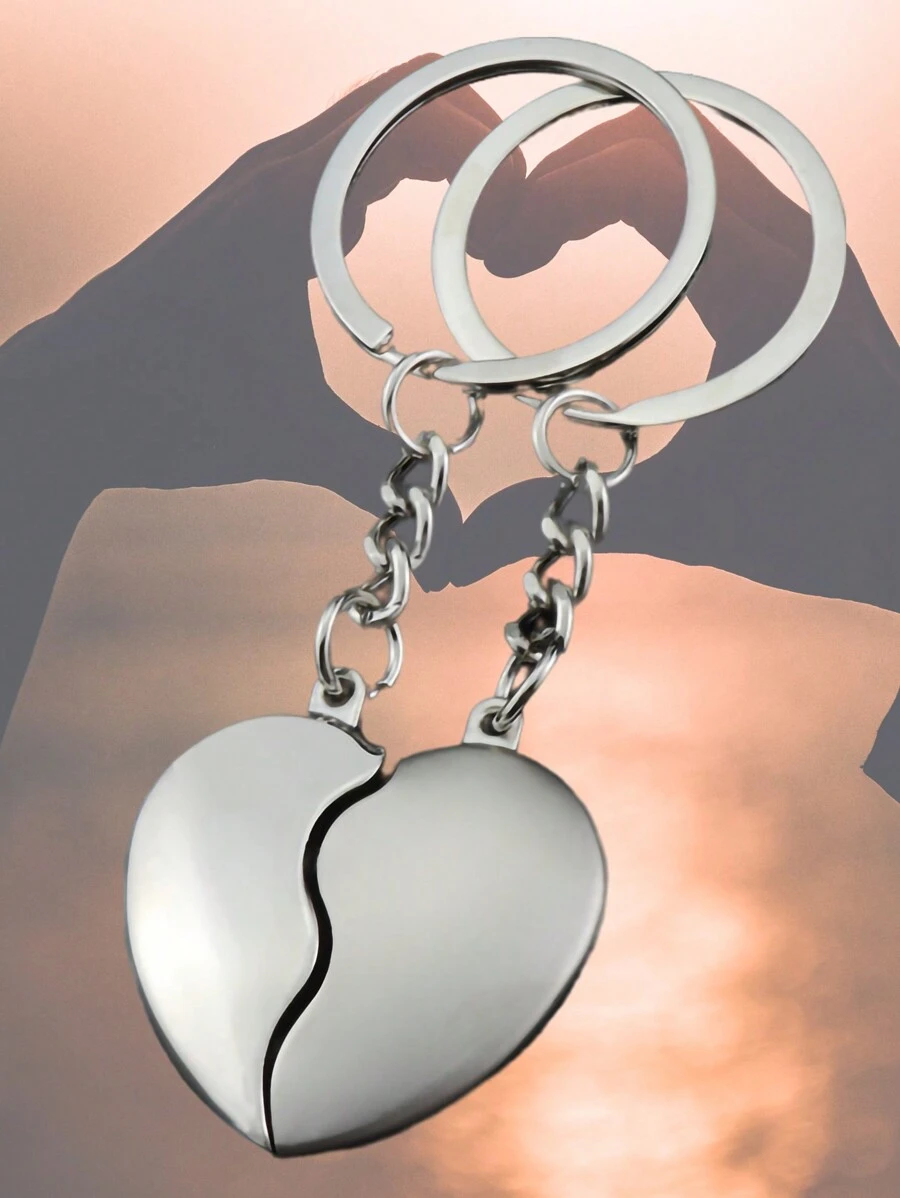 1pair Metallic Broken Heart Shape Couple Keychains, Best Friends Keyring, Car Keychain, Bag Pendant, Party Favor - Silver - View 1