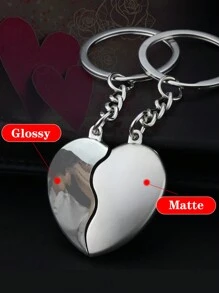 1pair Metallic Broken Heart Shape Couple Keychains, Best Friends Keyring, Car Keychain, Bag Pendant, Party Favor - Silver - View 3