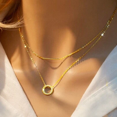 SYMFNY 1pc 925 Sterling Silver Gold Round Open Cubic Zirconia Layered Bar Necklace