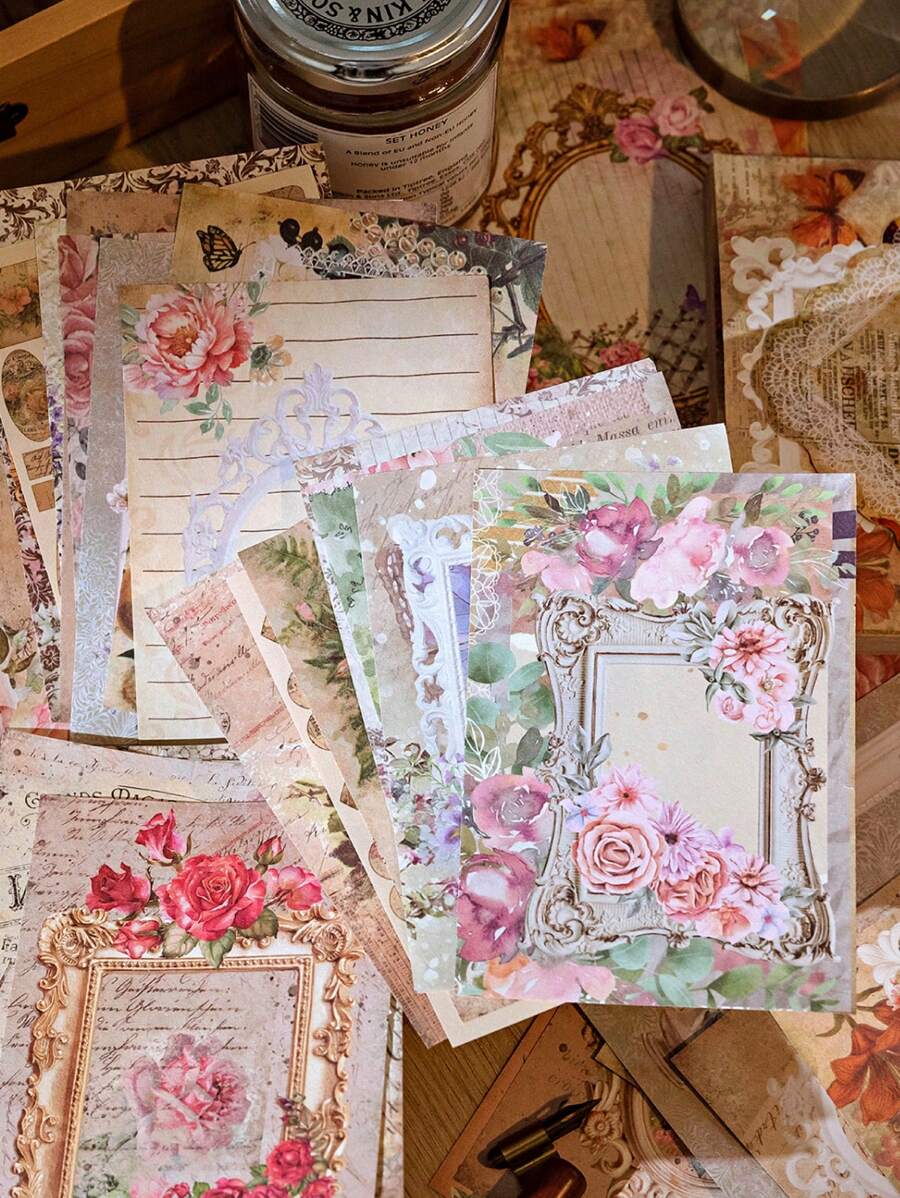 MOCARD 1本100張花和復古質感手帳材料紙,diy用品,適用於剪貼簿、計劃和創意學校文具 - 橘色 - 查看 1