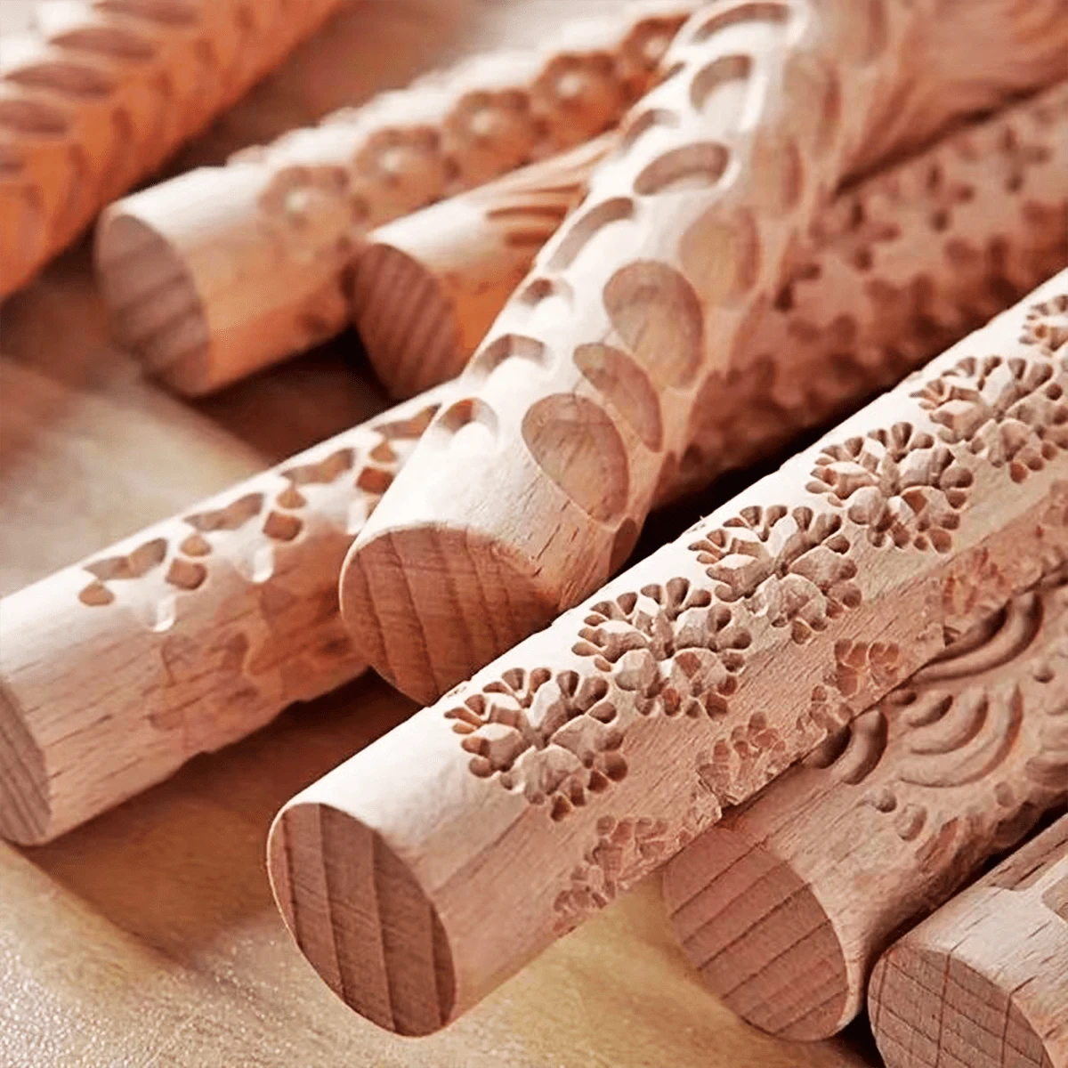1pc Solid Wood Rolling Pin With Pattern Imprint For Baking, Ceramics Or ...