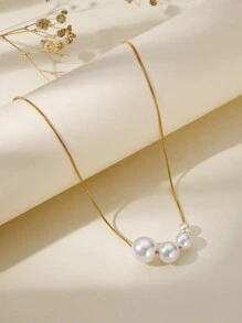 1入不褪色不退色的不銹鋼蛇骨鍊搭配人工珍珠的基礎女士項鍊 - 珍珠吊墜 - 查看 1